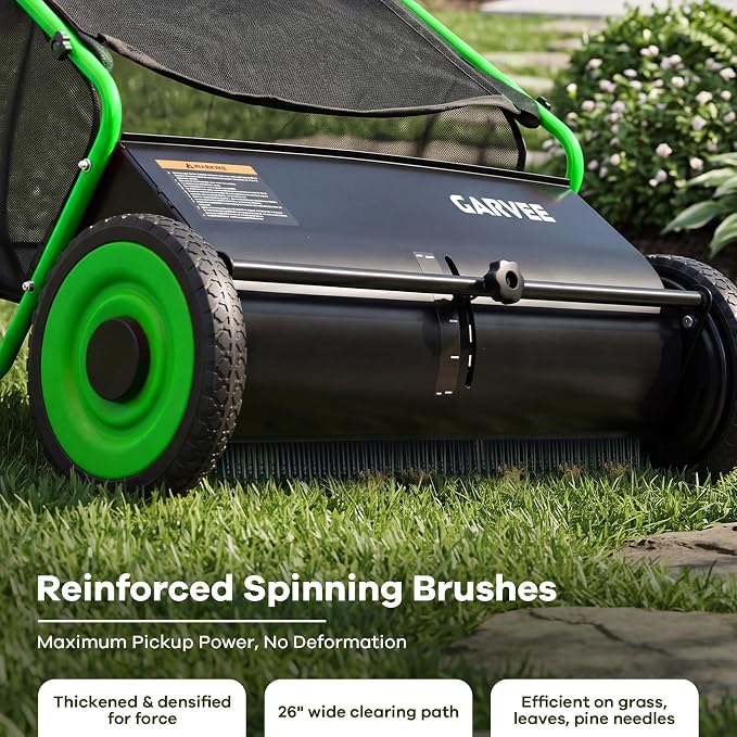 Push Lawn Sweeper, 26 in Leaf & Grass Collector with 7 cu. ft. Hopper Bag, Heavy Duty Yard Sweeper with Clear Dust Cover & Large Collection Bag for Lawn Yard Cleanup