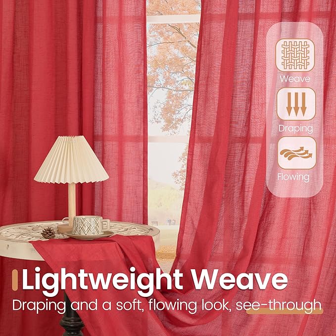 BGment Red Linen Curtains 63 Inches Long for Living Room, Semi Sheer Window Drapes Textured with Rod Pocket for Bedroom Dining Room Lightweight, 2 Panels Set, Each 52 Inch Wide