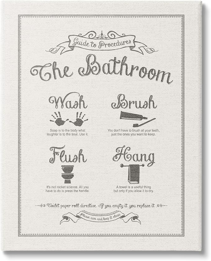 Stupell Industries Guide To Bathroom Procedures Linen Look Stretched Canvas Wall Art, Proudly Made in USA | Stupell Industries · By Lettered and Lined · Ready to hang · Clean diagram style for bathroom decor · Made in USA