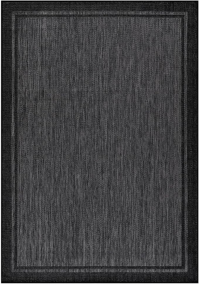 CAMILSON Indoor Outdoor Rug, 8x10 Bordered Dark Gray Black Modern Area Rugs for Indoor and Outdoor Patios, Kitchen and Hallway Mats, Washable Porch Deck Outside Carpet (Bordered Black, 8 x 10)