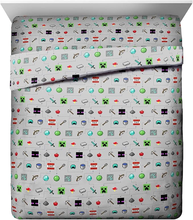 Jay Franco Kids Sheet Set with Fitted, Flat Sheets & Pillow Cover - Ultra-Soft Bedding with Pillowcase for Room Decor, Gray - Minecraft, 4 Piece Queen