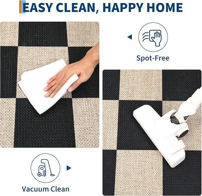 GarveeHome Easy Jute Area Rugs 6x9 for Living Room Non-Slip Backing Checkered Rugs Machine Washable Modern Indoor Outdoor Carpets for Dining Room Nursery Patio Bedroom Backyard Camping Black