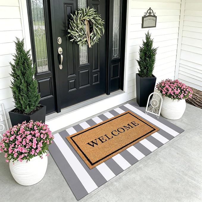 KOZYFLY Striped Rug 3x5 Front Door Rugs Gray White Cotton Woven Washable Indoor Outdoor Rug Entrance Doormat for Front Porch Kitchen Patio Decor Outdoor Mat