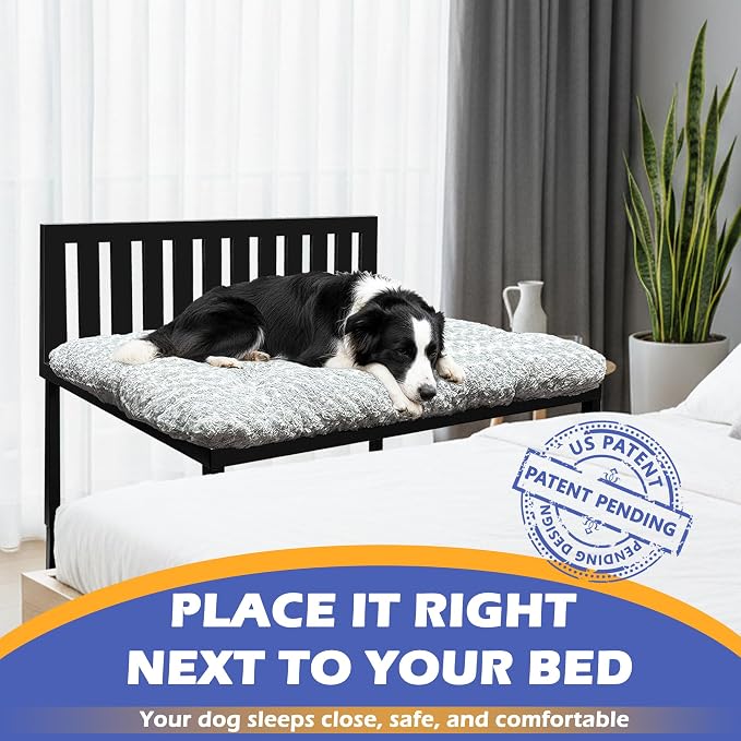 Heavy Duty Dog Bunk Bed, Adjustable Height Metal Dog Bed Frame with Wooden Side Panels & Washable Cushions, Elevated Raised Pet Bed for Large Dogs, 40.5''x28.5''