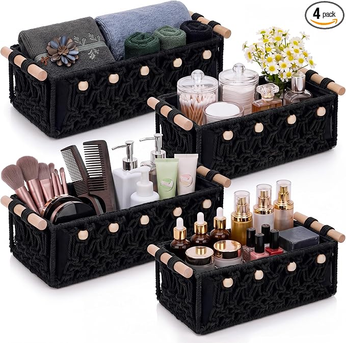 Vesici 4 Pcs Black Macrame Storage Basket for Shelves 13 in 11 in Boho Storage Basket Hand Woven Boxes with Wood Handles Beads Decorative Countertop Toilet Tank Cabinet Organizer for Home Room Decor