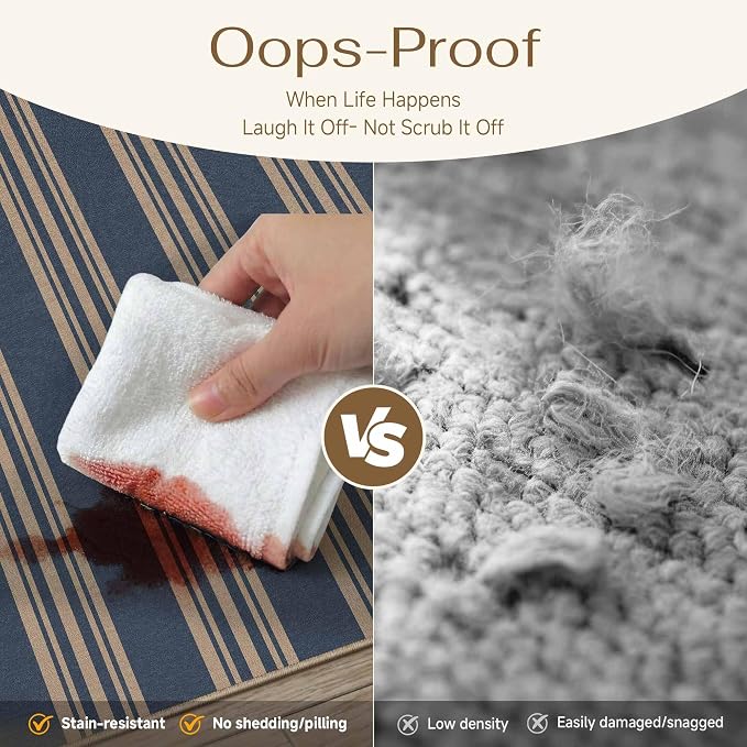 PureCozy Striped Easy Jute Rug 8x10 Blue Living Room Carpet Washable Non Slip Bedroom Office Rug Farmhouse Neutral Non Shedding Indoor Outdoor Large Carpet for Kitchen Dining Room