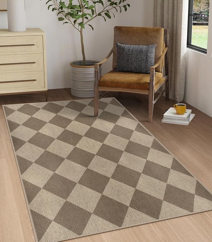 Rugalia Easy Jute Small Outdoor Patio Rug, 3x5 Brown Checkered Entryway Rug Washable Modern Diamond Kitchen Rugs, Non-Slip Neutral Farmhouse Throw Carpet for Living Room Porch Backyard