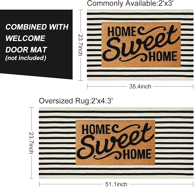 LEEVAN 2'X3' Black and White Striped Woven Cotton Reversible Outdoor Rug | Small Machine Washable Front Porch Rug, Entryway Door Mat, Indoor Layering Carpet for Farmhouse Bathroom Laundry