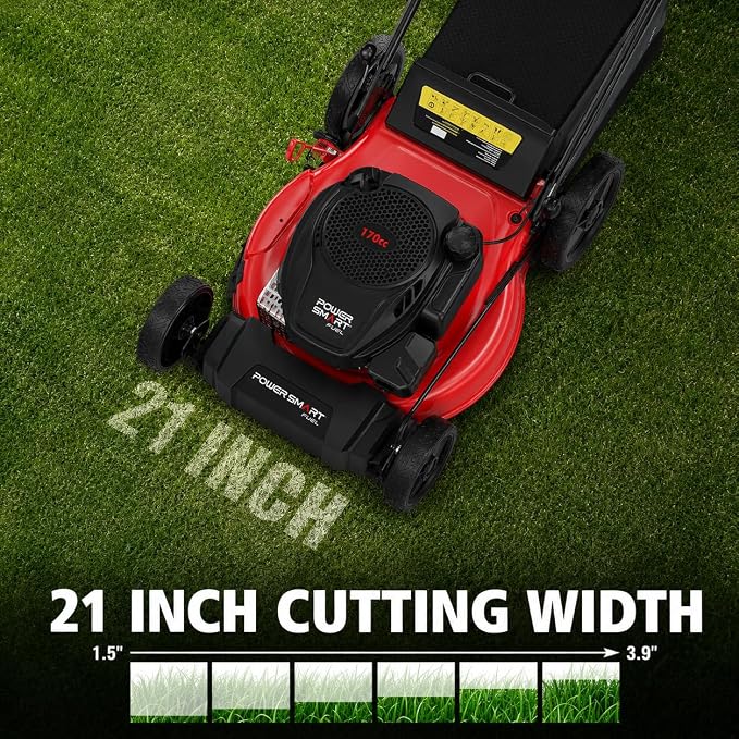 PowerSmart 21-Inch Gas Self-Propelled Lawn Mower | 170cc OHV Engine, Reinforced Steel Deck, 3-in-1 Bagging/Mulching/Rear Discharge, 6 Cutting Heights (1.5"–3.9")