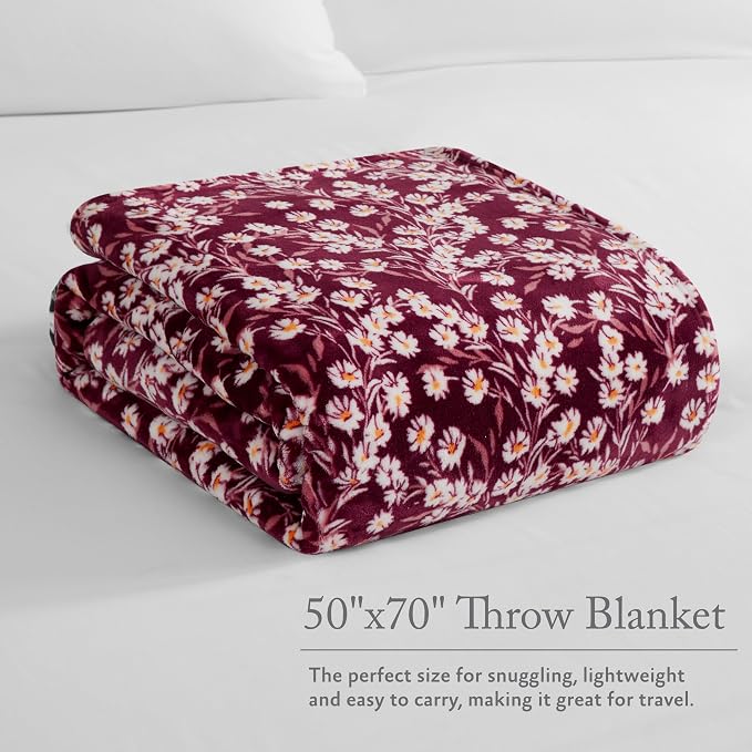 Jessica Simpson Plush 50"X70" Throw Blanket - Wildflower Park Red - Luxurious Plush Blanket for Ultimate Comfort and Cozy Warmth