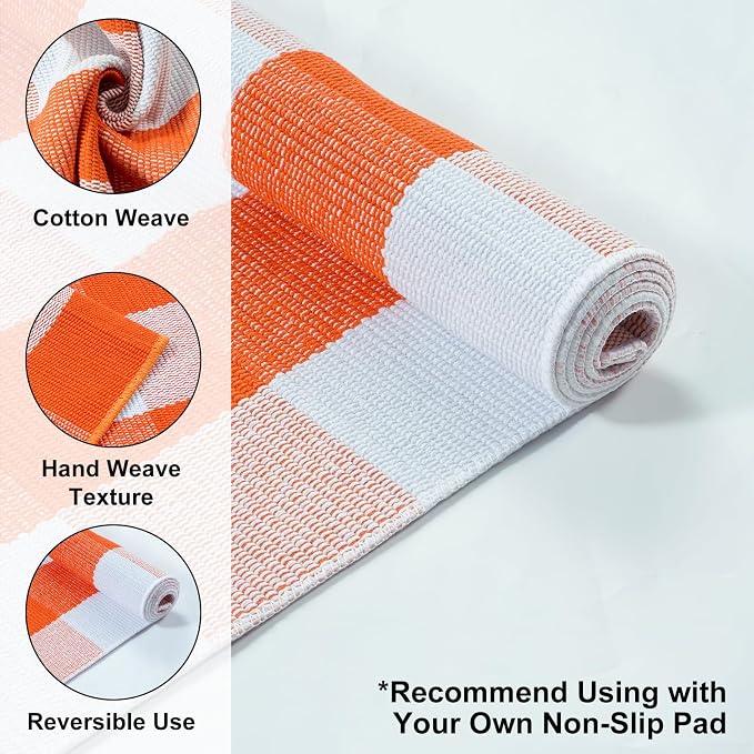 Collive Buffalo Plaid Checkered Outdoor Rug, White and Orange Halloween Fall Decor Door Mat, 2x4.3 Front Porch Rug, Washable Cotton Welcome Mat Layered Doormat Outside Entrance for Kitchen Entryway