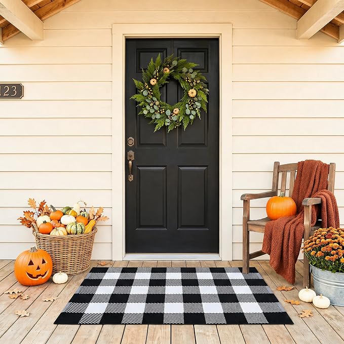 Black and White Buffalo Plaid Rug 28" x 43", Machine Washable Layering Mat for Front Door, Entryway, Kitchen, Indoor Outdoor Low Profile Cotton Woven Check Rug