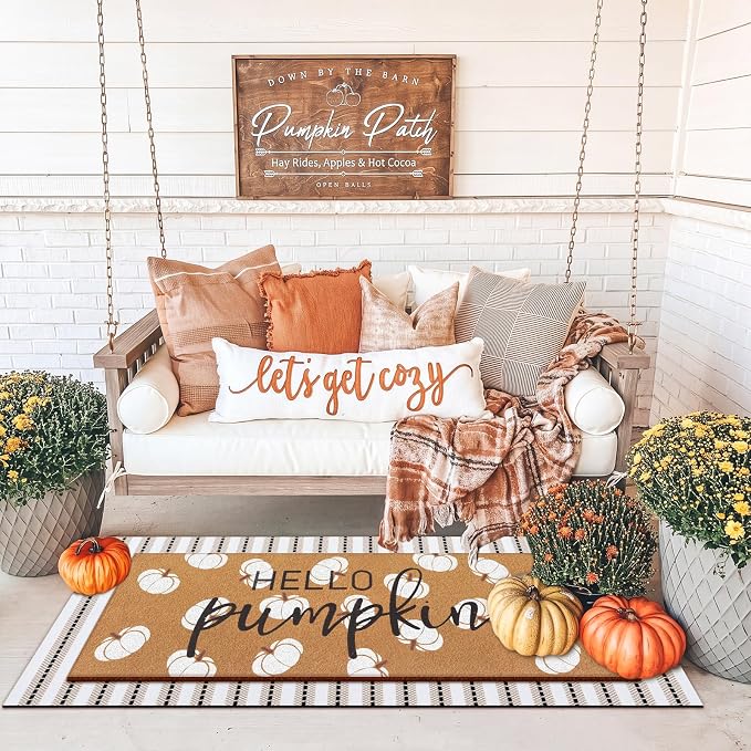 Tinideya Hello Pumpkin Layered Door Mat, Fall Welcome Coir Mats, 2 Pcs