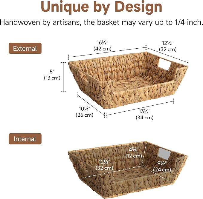 StorageWorks Water Hyacinth Baskets for Organizing with Built-in Handles, Stackable Wicker Pantry Baskets for Shelf, Pantry Organizers and Storage for Shelves,2-Pack