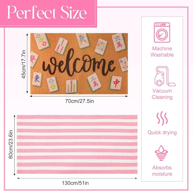 2 Pcs Outdoor Door Mat Combo Set Layered Outdoor Rug and Coir Welcome Doormat Non Slip Outside Floor Mat for Front Porch Entryway Patio Yard Decor(Mahjong,24'' X 51',18'' X 28'')