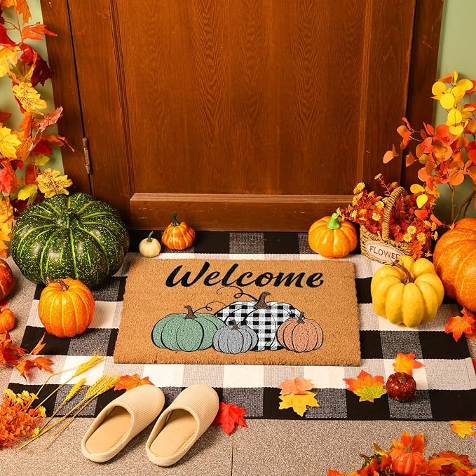 Moucuny 2 Pcs Fall Coir Doormat Outdoor 16'' x 28'' Stacked Pumpkin Welcome Doormat Layered 24'' x 35'' Black and White Plaid Rug Fall Non Slip Floor Mat Fot Autumn Entrance Porch Front Decor