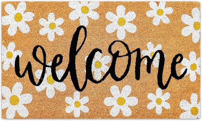 JarThenaAMCS Spring Flower Welcome Doormat Daisy Natural Coir Door Mat Non-Slip Floral Entrance Door Rugs for Indoor Outdoor Home Bathroom Decor, 16.5 x 29 Inch