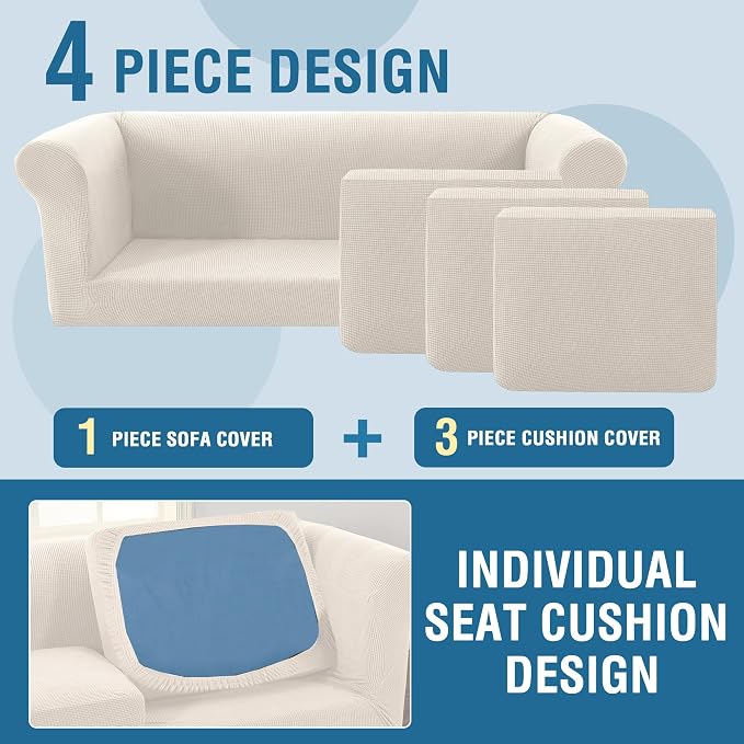 H.VERSAILTEX 4 Piece Stretch Chesterfield Sofa Slipcovers for 3 Seat Cushion Couch Mid Century Deep Seat Sofa Covers (Base Cover Plus 3 Seat Cushion Covers) Thicker Jacquard Fabric (Large Sofa, Ivory)