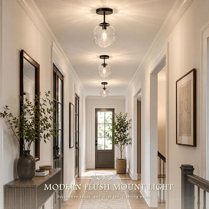 Globe Semi Flush Mount Ceiling Light Clear Glass Globe Ceiling Light Matte Black Finish Contemporary Mid Century Modern Style Lighting Fixture Hallway Living Room Kitchen Bedroom Storage (Bulb Incl.)