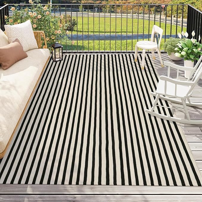 LEEVAN 5'X8' Black and White Striped Woven Cotton Reversible Outdoor Rug | Machine Washable Front Porch Rug, Entryway Door Mat, Indoor Layering Carpet for Balcony Farmhouse Laundry Patio
