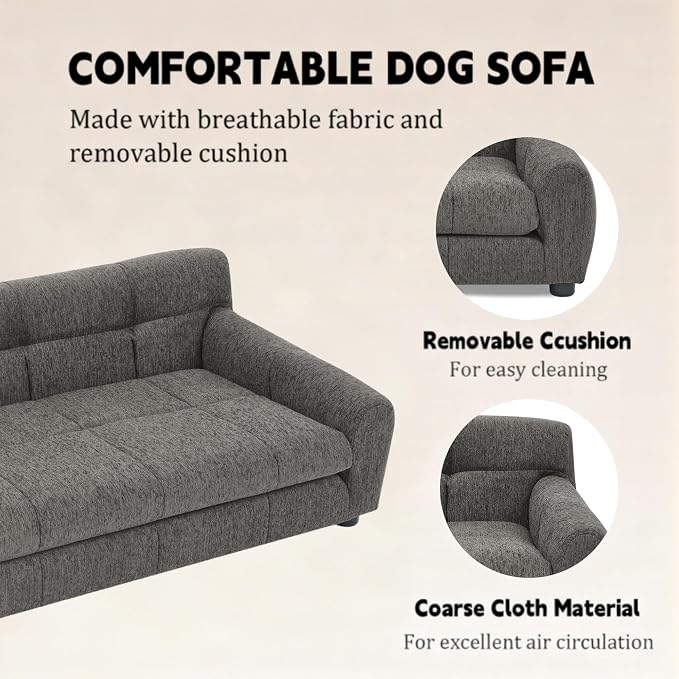 38" Dog Sofa Couch Bed for Small, Medium, Large Dogs, Soft Memory Foam Pet Sofa with Durable Linen Fabric, Comfortable Pet Couch with Backrest and Armrests, Easy to Clean and Maintain（Dark Grey）