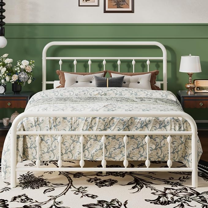 SHA CERLIN Queen Metal Bed Frame with Victorian Iron-Art Headboard, Cream | Victorian Iron-Art Headboard and Footboard, Easy Assembly, Under Bed Storage, No Box Spring Required