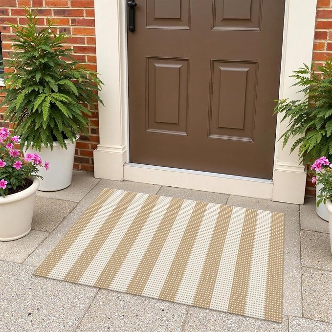 Rugalia Washable Woven Indoor Outdoor Doormat, 2x3 Natural Beige Cotton Striped Entryway Rug Low Pile Non-Slip Small Kitchen Rug, Modern Farmhouse Throw Carpet for Porch Bathroom Bedroom