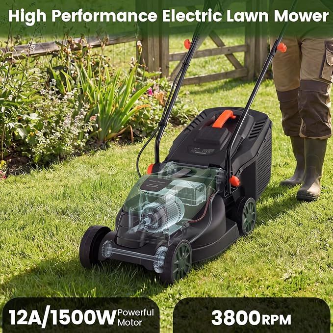 DORTALA Lawn Mower, Corded 14" Electric Push Mower, 3-Position Cutting Height Adjustment, 9.3 Gal Grass Collection Box, 12 AMP Motor, 1500W, Lightweight Walk-Behind Mower for Small Medium Yard (Green)
