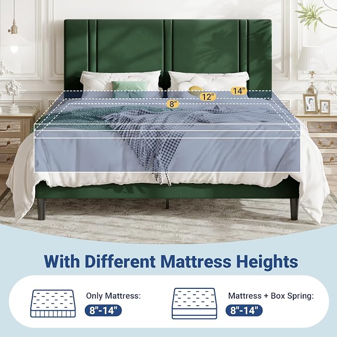 Allewie California King Size Platform Bed Frame with Adjustable Headboard | Plush Velvet Upholstered, Vertical Channel Tufted, Sturdy Wood Slats, No Box Spring Needed, Easy Assembly, Green