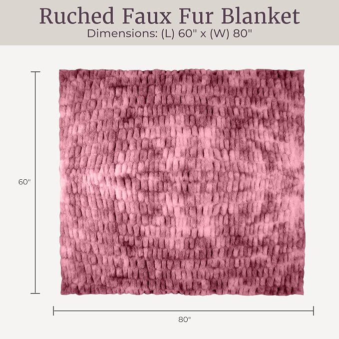 Lavish Home Oversized Ruched Faux Fur Blanket, Pink, 60” x 80” | Plush Polyester Faux Fur Queen-Size Throw for Sofas and Beds - Luxuriously Soft Bedding
