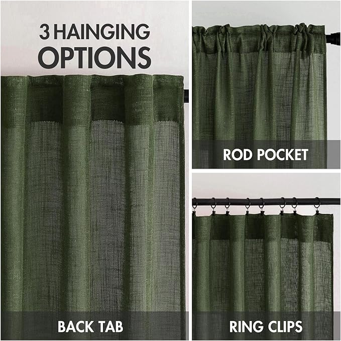 MIULEE Olive Green Linen Curtains 96 Inch Long for Bedroom Living Room, Soft Thick Linen Textured Window Drapes Semi Sheer Light Filtering Rod Pocket Back Tab Christmas Burlap Look, 2 Panels