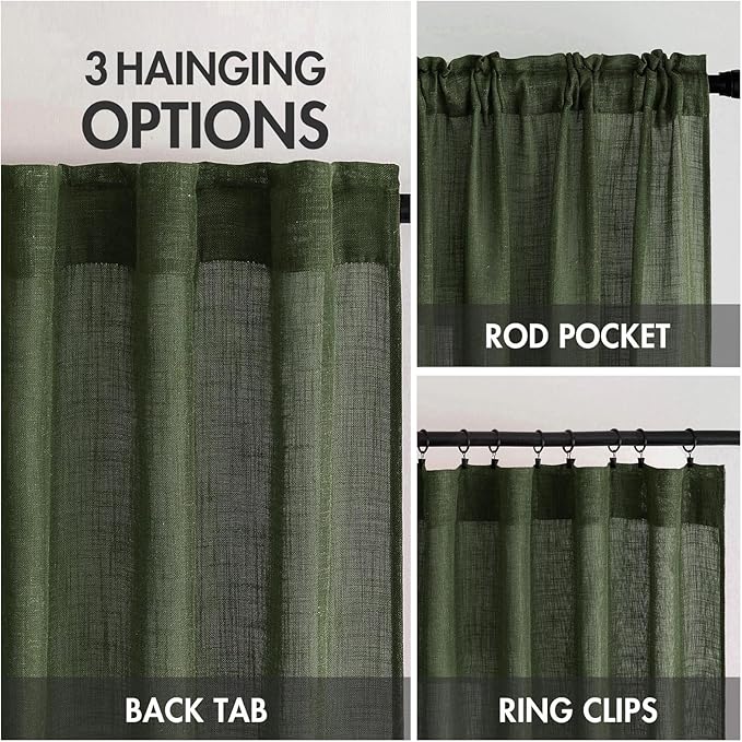 MIULEE Olive Green Linen Curtains 84 Inch Length for Bedroom Living Room, Soft Thick Linen Textured Window Drapes Semi Sheer Light Filtering Back Tab Rod Pocket Burlap Look, 2 Panels, 37x84 Inches