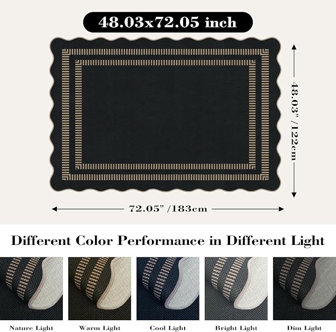 Modern Easy Jute 4x6 Outdoor Patio Rug, Washable Indoor Black Kitchen Rugs Farmhouse Neutral Non Slip Area Rug for Living Room Backyard Bedroom