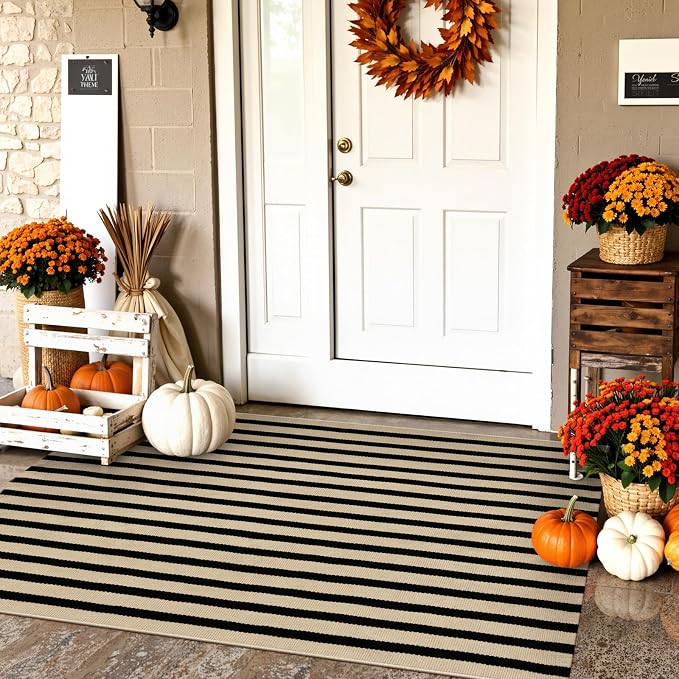 KIMODE Striped Outdoor Rug 27.5x43 Inches, Machine Washable Fall Front Porch Rug, Black and Khaki Front Door Mats, Hand Woven Welcome Layered Doormat Entryway Rug for Entrance, Doorway