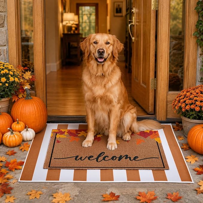 2 Pcs Fall Maple Leaves Welcome Doormats Autumn Outdoor Rug Striped Layering Porch Mats Non Slip Thanksgiving Entryway Shoe Scraper Washable Front Door Carpet Farmhouse Decorations 24x32 Inch