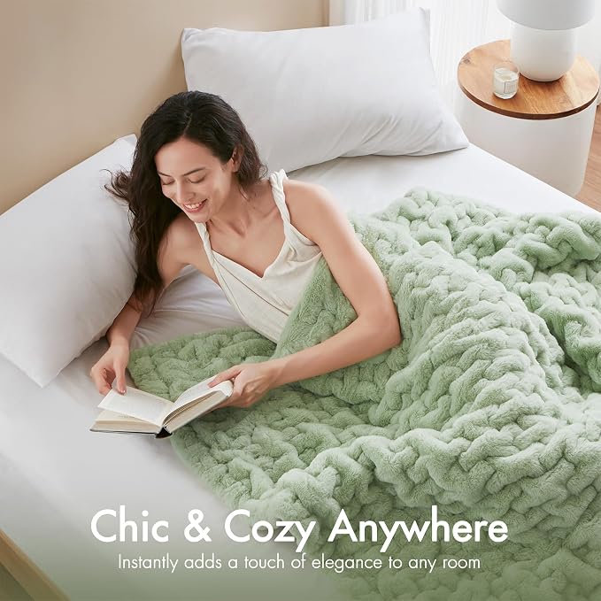 Madison Park Ruched Fur Throw Faux Fur Blanket, 50" x 60", Sage Green | Luxury, Premium, Soft Cozy Brushed Long Pile, All Season Plush Modern OEKO- TEX Certification Warm For Bed, Couch or Sofa