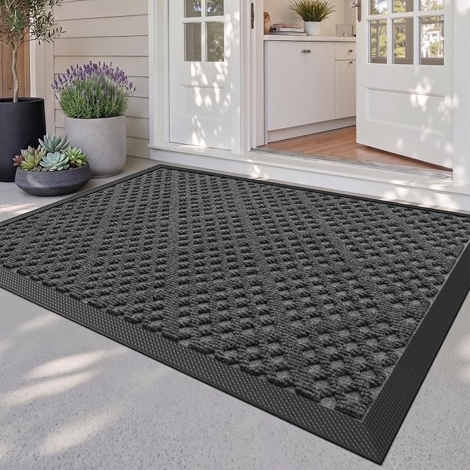 DEXI Front Door Mat Outside Entrance, 32x48 Heavy Duty Entry Doormat Dirt Trapper with Rubber Back, Non Slip Low Profile Floor Mats for Entryway Exterior Patio, Rhombic Grey