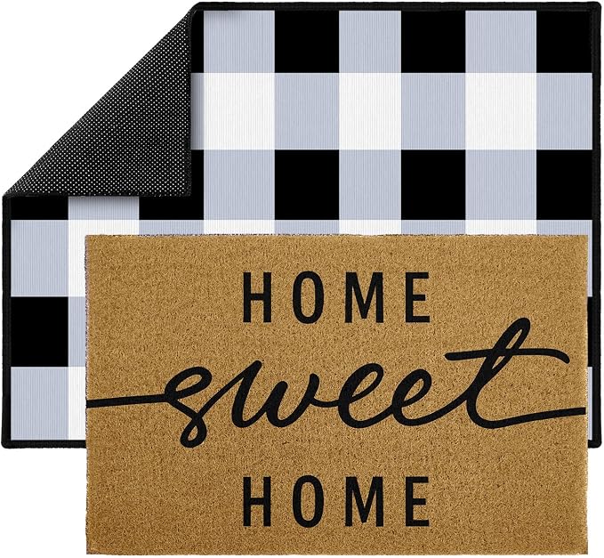 Home Sweet Home Welcome Doormat Set, 2 Pack Layering Entry Rugs with Coir Loop Printed Mat and Buffalo Plaid Crystal Velvet Under Rug Home Sweet Front Door Doormat for Farmhouse Entryway Decor