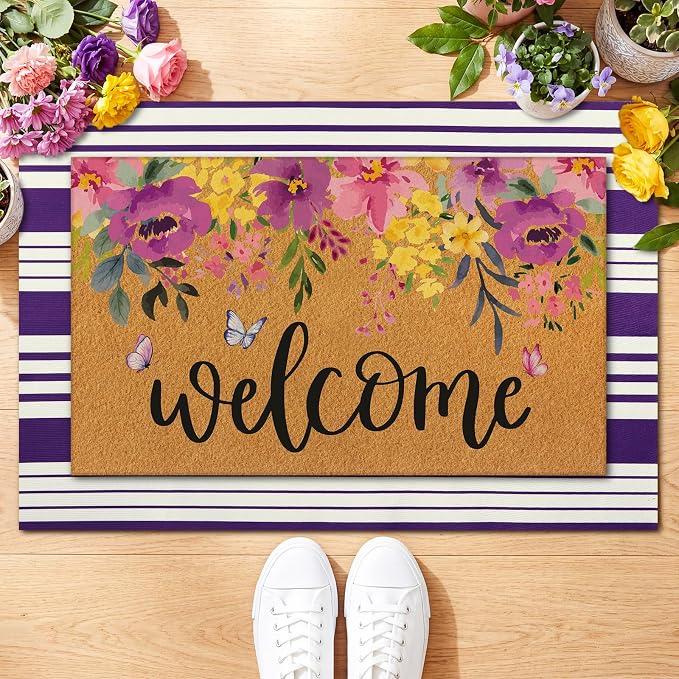 Tinideya 2 Pcs Door Mat Welcome Non Slip Coir Mats Floor Layering Doormats Seasonal for Front Porch Entryway Decor(Purple Flowers)