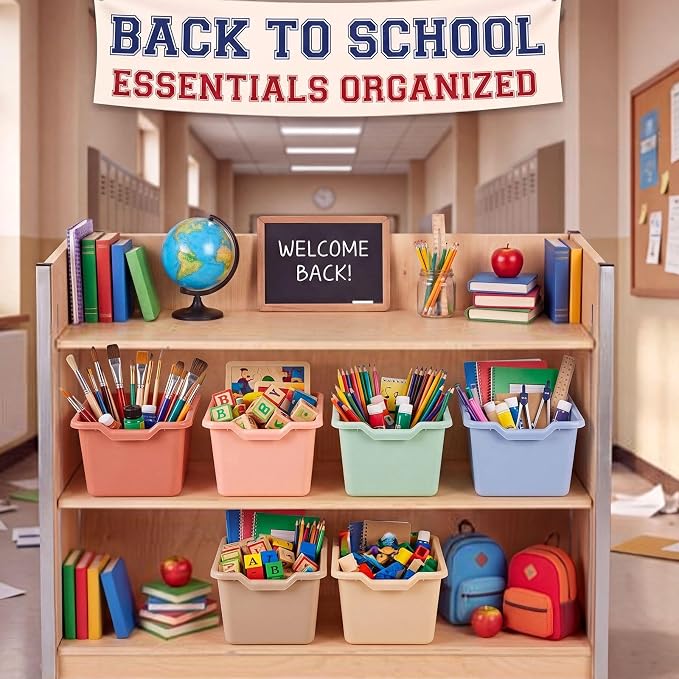 Novabright 12 Pcs Plastic Book Bins for Classroom, Back to School Supplies Library Cubby Bins Scoop Front Stackable Toy Storage Tubs Colorful Containers for Office Home Nursery Playroom Organization