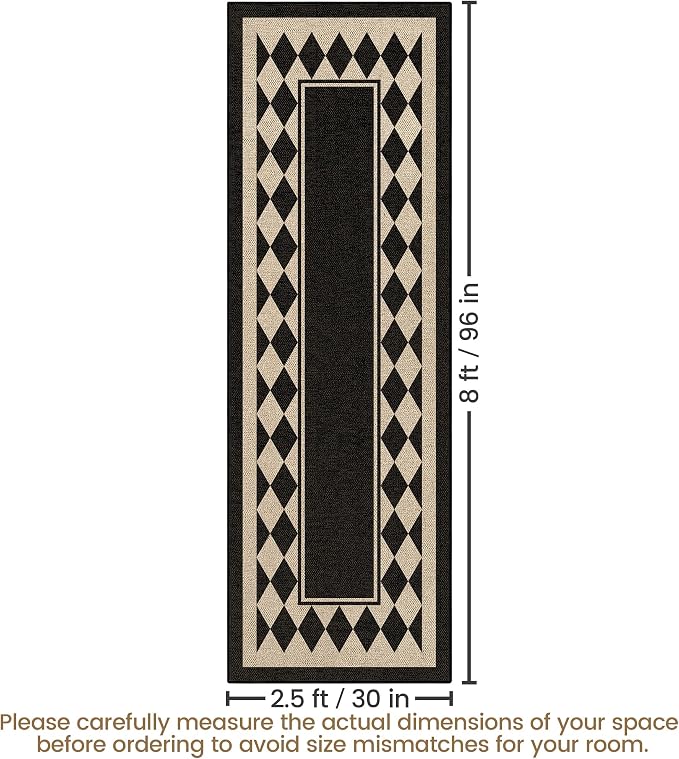 Washable Checkered Easy Jute Runner Rug 2x8, Black Checkerboard Geometric Outdoor Indoor Patio Bordered Rug, Woven Non Slip Thin Neutral Long Runner Carpet for Hallway Kitchen Entryway Porch