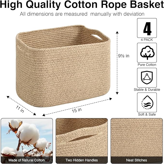 ICERZCZ Storage Baskets for Organizing & Shelves, Woven Cotton Rope Organization Bins for Dog Toys, Clothes, Books, Nursery Organizer, 15"Lx11''Wx9.5''H, (4 Packs) Brown