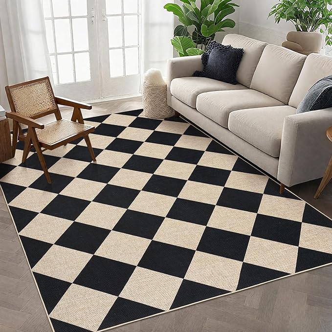 COZYLOOM Outdoor Rug for Patio 9x12 Washable Rugs for Living Room, Modern Diamond Pattern Easy Jute Rug with Non Slip Backing, Stain Resistant Geometric Carpet for Bedroom Dining Room Backyard, Black
