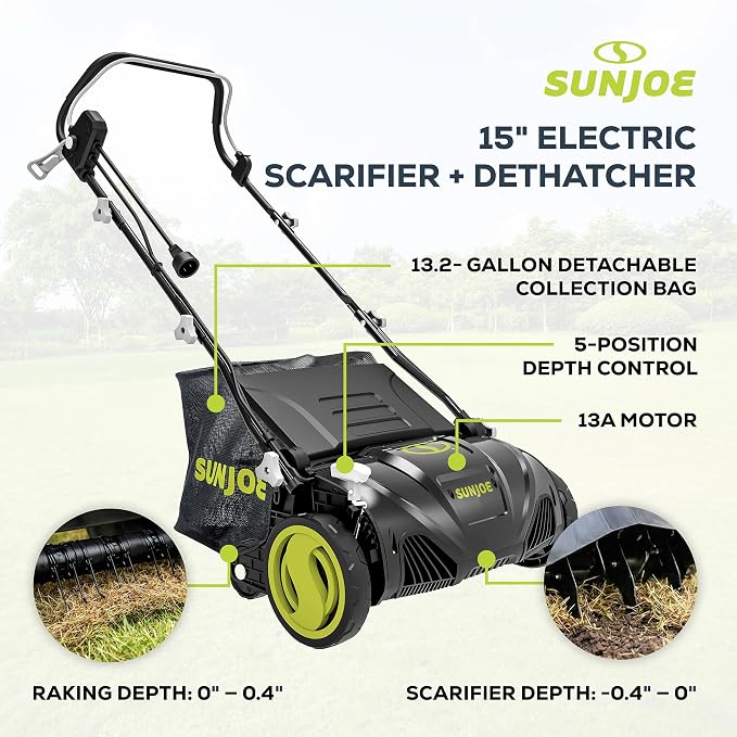 Sun Joe 15-Inch Lawn Dethatcher with Scarifier Blade Reel, AJ805E | and Collection Bag - 13-Amp Corded Yard Power Rake Tool Machine for Grass Thatch Removal, Electric Powered