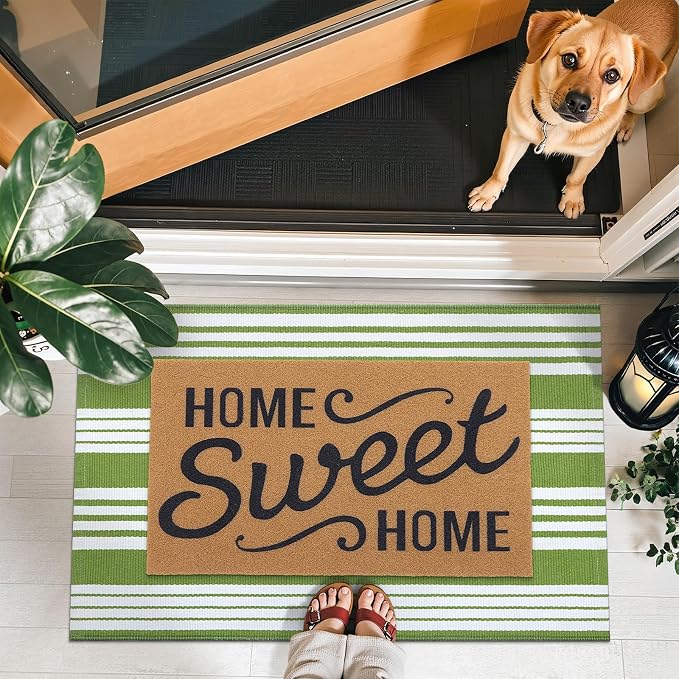 OLANLY Green and White Classic Striped Rug 2' x 4'3" (24" x 51") – Washable Cotton Indoor Outdoor Doormat for Front Door, Entryway, Kitchen, Porch, Patio Decor