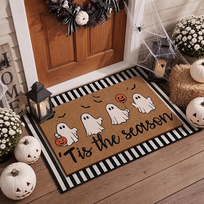 Tinideya 2 Pcs Halloween Layered Doormat Set, Cute Ghost Coir Doormat and Black White Striped Rug, Non Slip Fall Porch Decor for Entryway Patio Outdoor Decor