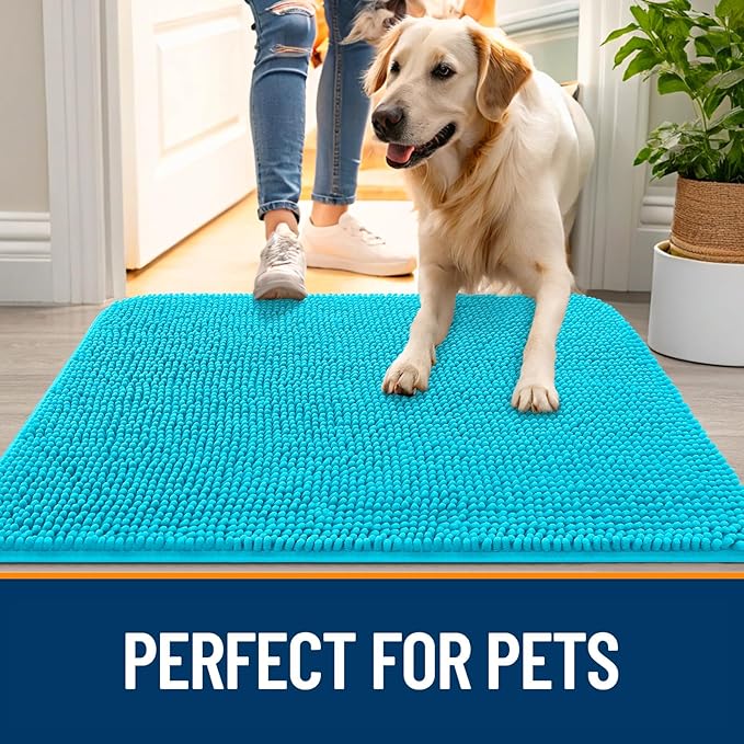 OLANLY Dog Door Mat for Muddy Paws 30x17, Absorbs Moisture and Dirt, Absorbent Non-Slip Washable Doormat, Quick Dry Chenille Mud Mat for Dogs, Entry Indoor Entryway Carpet for Inside Floor, Aqua Blue