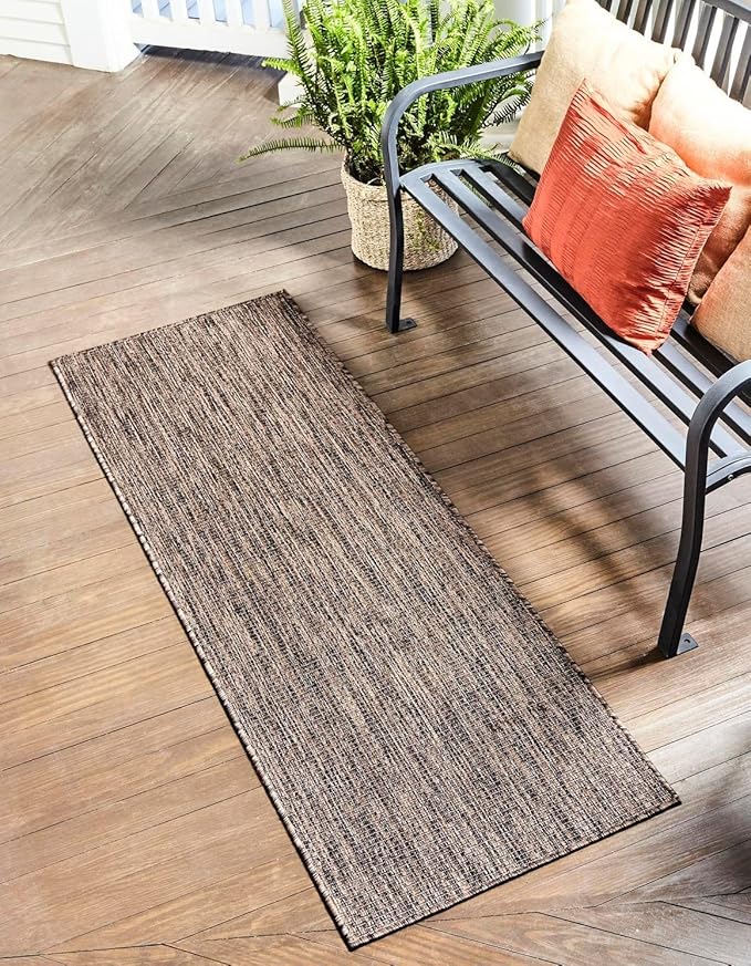 Unique Loom Outdoor Solid Collection Area Rug (2' x 8' Runner Light Brown/Ivory)