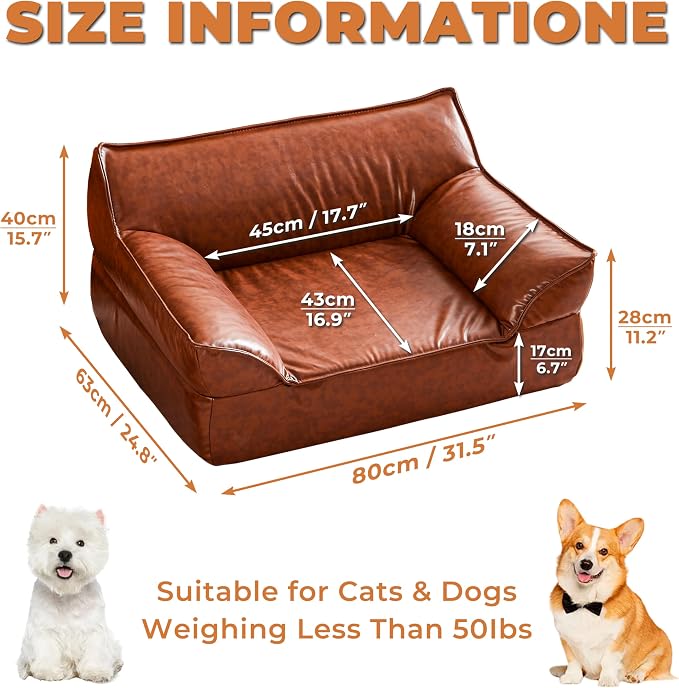 Dog Couch Bed Leather Cat Sofa for Small and Medium Pets Under 50 lbs, Brown Mid Century Modern Elevated Dog Sofa Chair Luxurious Indoor Furniture Style Pet Supplies for Puppy