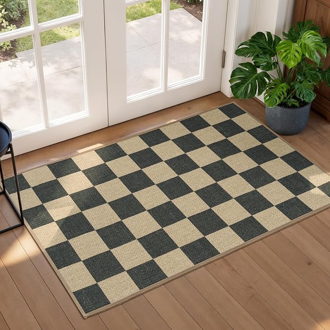 Lessymo Checkered Easy Jute Kitchen Rug, 2x3 Small Washable Front Door Mat | Non-Slip, Non-Shed Indoor/Outdoor Carpet for Porch Entryway Bathroom Bedroom Bedside, Modern Geometric Diamond Black/Beige